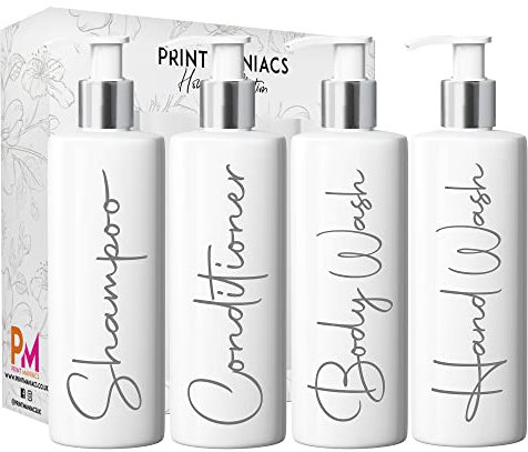 Print Maniacs White Mrs Hinch Inspired Personalised 500ml Pump Bottles Bathroom Lotion Kitchen Set Shampoo Conditioner ( Hand Wash Set , F2) (Grey)