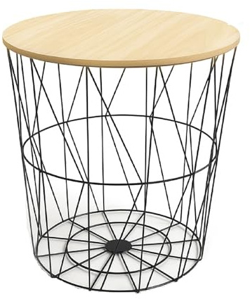 Round Side Table Wire Metal Storage Basket Modern Tea Nest Table with Removable Wood Top for Hallway, Living Room, Bedroom, or Office Decor Sidetable (Black + Natural Lid, Medium)