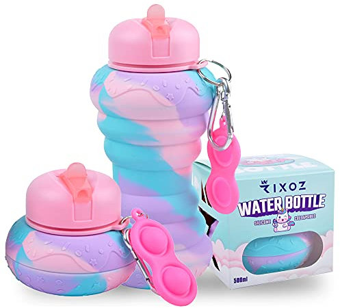 RIXOZ Bouteille d'eau en forme de donut – 500 ml en silicone pliable avec jouet pour enfants | Excellent cadeau pour filles et garçons