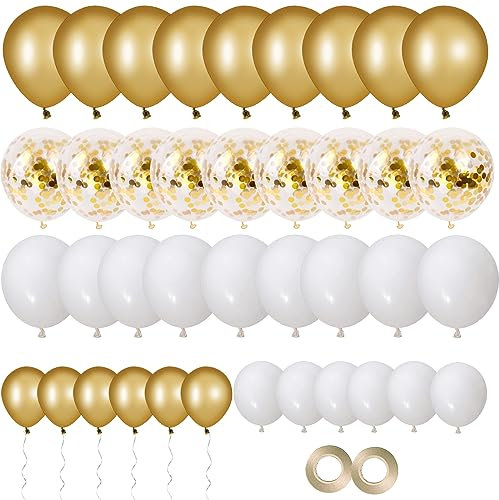 70 Stück Gold Metallic Luftballons - Weiß, Konfetti, Hochzeitsballons, Helium Ballons für Babyparty, Geburtstag, Hochzeit, Mädchen Party Dekoration