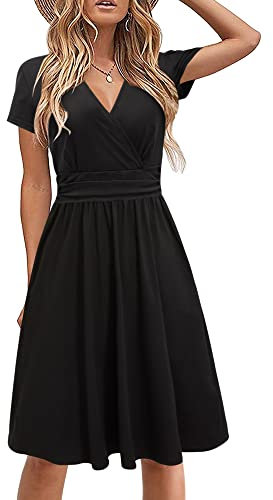 STYLEWORD Damen Sommerkleid Kurzarm V-Ausschnitt kleider Blumenmuster kleid Strandkleid Mit Taschen(Schwarz,Groß)