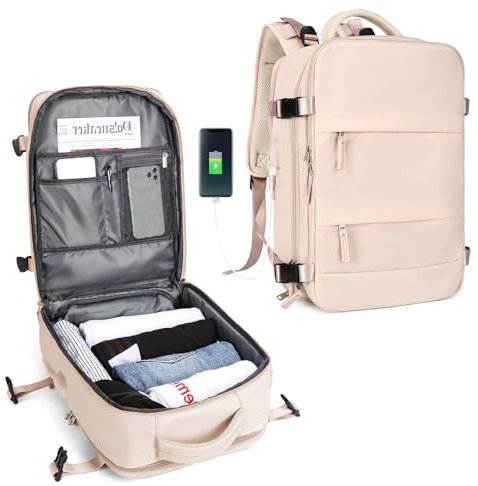 SZLX Großer Reiserucksack Damen, Handgepäck Rucksack,Wanderrucksack Wasserdichter Outdoor-Sportrucksack Lässiger Tagesrucksack Schultasche Fit 14 Zoll Laptop mit Schuhfach und Laptopfach,Beige
