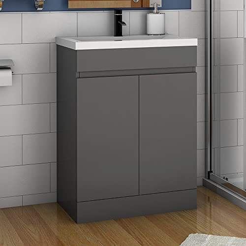 Aica Sanitär Waschbecken mit Unterschrank 60 cm Badmöbel Set mit Waschtisch Mineralguss Gäste WC Anthrazit Matt