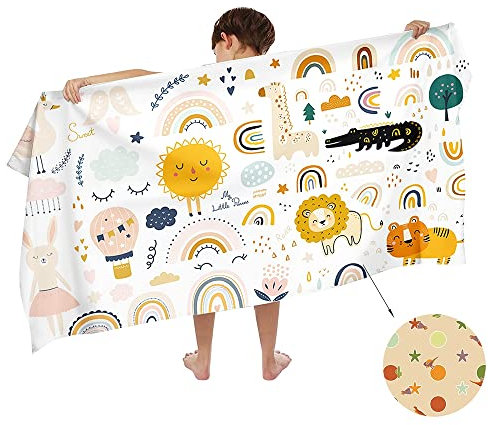 Ulticool – Handtuch Regenbogen Tiere – Kind Mädchen Junge – Schnelltrocknendes Badetuch Mikrofaser – 140 x 70 cm – für Reisen Fitness Gym Sport Spa Yoga – Beige