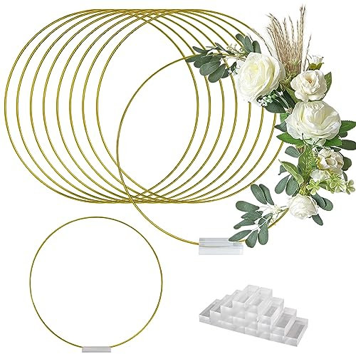 TEKXYZ Cerchi floreali in metallo dorato da 30,5 cm, con basi in acrilico trasparente, per centrotavola, decorazione, confezione da 10