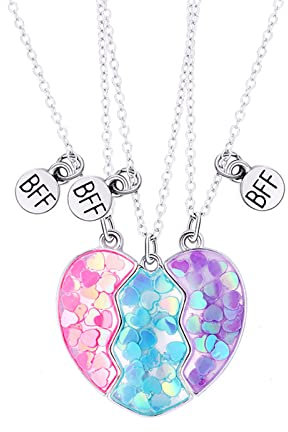 Hifot Collier d Amitie pour 3 Filles, Collier Best Friends pour 3 Filles, Collier Coeur Separable, Collier Paillettes Coeur Pendentif pour Soeur Friend cadeau Jeune Fille Anniversaire