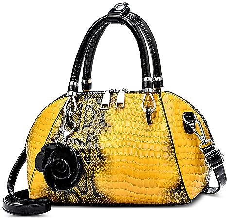 FORRICA Handtasche Damen Krokodilmuster Umhängetasche PU Leder Frauen Schultertaschen mit Blume Anhänger Elegant Henkeltaschen für Verabredungen Bankett Shopper Gelb