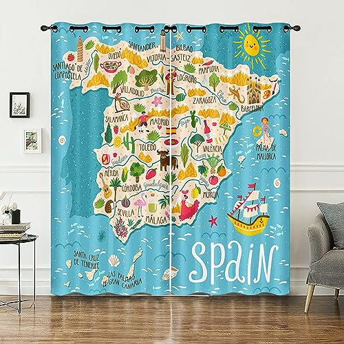 HOSIMA Vorhänge mit Cartoon-Spanien-Karte,Ösenvorhänge,Set mit 2 Vorhängen,Cartoon-Spanien-Karte-Druck,Kinder-und Jugendzimmervorhänge(Cartoon-Spanien-Karte M)