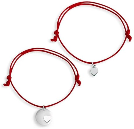 Coppia braccialetti filo rosso del destino con 2 cuori in argento