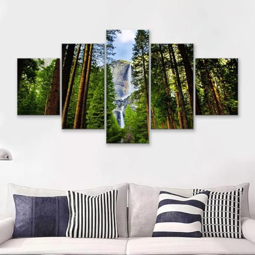 Leinwand Wanddekoration Malerei 5 Stück Leinwand Wasserfälle hinter Mammutbäumen Bilder Leinwanddrucke 5 Teiliges Wandbild 5 Teilig Leinwand Wanddeko Wohnzimmer Wohnkultur-Ungerahmt