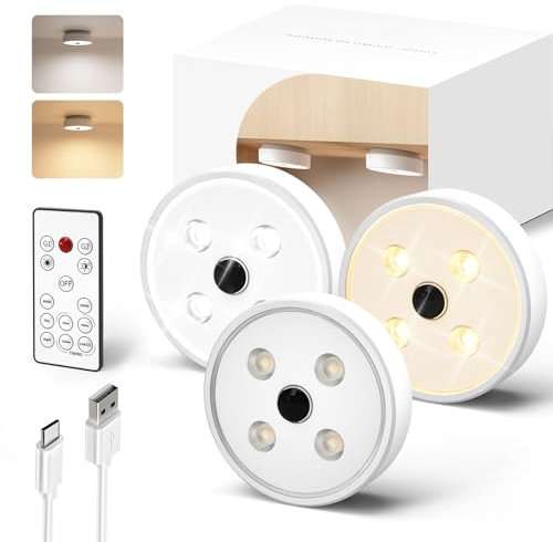 EZVALO Unterbauleuchte Küche LED, Spots Batteriebetrieben Kontrolle der Gruppe mit Fernbedienung, Puck Light Schranklicht Kabellos, Schrankbeleuchtung Batteriebetrieben (3 Stück-1200mAh-3000k/5000k)