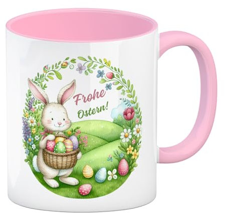 Osterhase Kaffeebecher in rosa mit Spruch Frohe Ostern Perfekt für Korb voller bunte Eier Frühling auf grüner Wiese Blumen-Dekor Ostertasse Tasse für Ostern