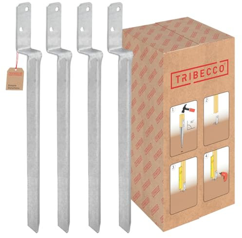 TRIBECCO Manicotto a forma di L per pali quadrati in legno, dimensioni 40 x 530 mm, supporto per pali a L da inserire nel terreno, scarpa universale a L in acciaio zincato a caldo (6, argento)