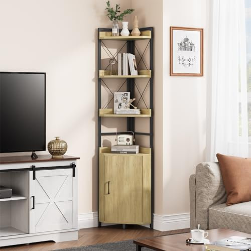 YITAHOME Corner Shelf 4 Tiers, Industrial Bookshelf with Cabinet Floorstanding Bookcase Wooden Storage Rack Shelving Units for Living Room, Home Office, Hallway, Oak Color Book shelves