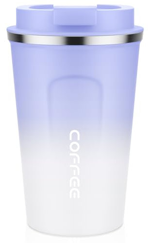 MOMSIV Coffee Cup, 380ml Vacuum Reusable Leakproof Double Wall Coffee Cup, Insulation Stainless Steel Eco-Friendly Travel Office Mug for Hot Coffee Tea and Cold Drinks, Purple-White