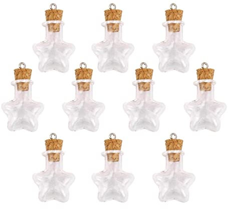 Luzhengyang 10 x transparente Glas-Wunschflaschen, Parfümflaschen und Anhänger, Mini-Gläser, Fläschchen leer zum Basteln, ideal für die Herstellung von Halsketten, Wunschflaschen für – fünfzackiger