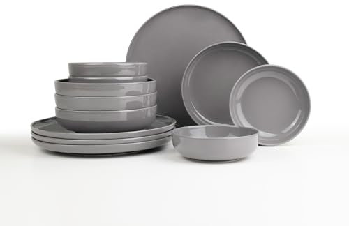 KUTAHYA PORSELEN Porzellan Geschirr Set, Schüssel und Teller Set | Tafelservice aus Porzellan mit je Flachtellern & Tieftellern | Modern Spülmaschinenfest (Glänzendes Grau, 12 Teile Set)