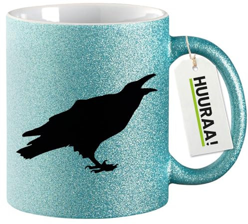 Huuraa Glitzertasse Rabe Silhouette Geschenk 330ml Blau Rabe Präsent