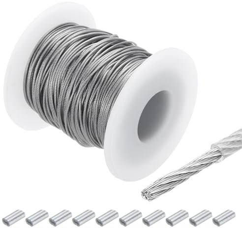 QUARKZMAN 50m Cable de Acero Inoxidable 304, 0.8mm OD Alambre Cuerda Carrete Kit con 10pcs Doble Orificio Aluminio Mangas PVC Recubierto para Cuerda Tendedero Suspensión Planta, Transparente