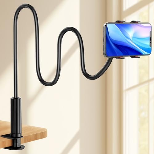 MEMOEVER Gooseneck Phone Holder, Flexible Lazy Arm Moble Stand for Bed Desk Table with 360° Adjustable Clamp, 360° Overhead Phone Mount Clip for iPhone Samsung Series