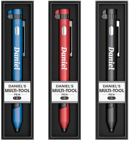 Daniel Named Personalised Multi-Tool Pen, 7-in-1 with Torch, Phone Holder, Stylus, Compass, and Screwdriver Set - Assorted Colours (Red, Blue, Black) - Black Ink