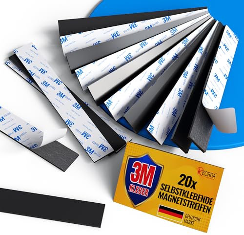 REORDA Magnetstreifen selbstklebend [STARKER 3M KLEBER] - 20 Stück | magnetisches Klebeband | Starkes Magnetband - Sicherer Halt für fast alle metallischen Objekte (15 cm x 20 mm)
