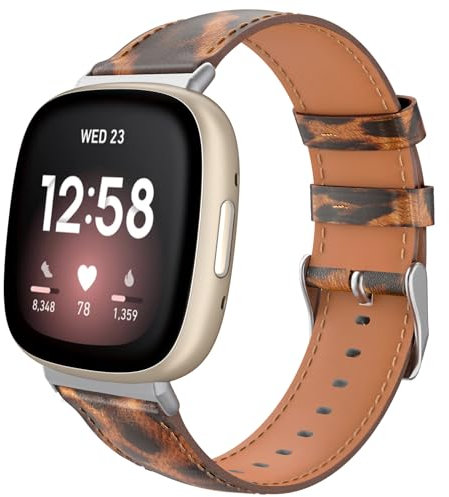 TiMOVO Leder Armband Kompatibel mit Fitbit Versa 4/Versa 3/Fitbit Sense 2/Sense Uhrenarmband, Genarbtes Echtes Klassisches Leder Ersatzarmband für Damen und Herren, Leopard Braun