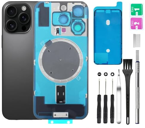 Rear Back Glass Replacement for iPhone 16 Pro Max Back Glass + Camera Lens + Magnet + Iron Piece Holder with Repair Tool Kit (Black)