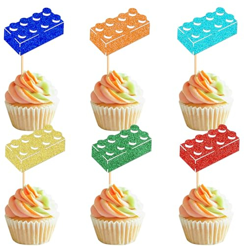 Blumomon 30Pcs Building Blocks Party Cupcake Toppers Boy Girl Birthday Cake Decorations for Kids Baby Shower Party Supplies