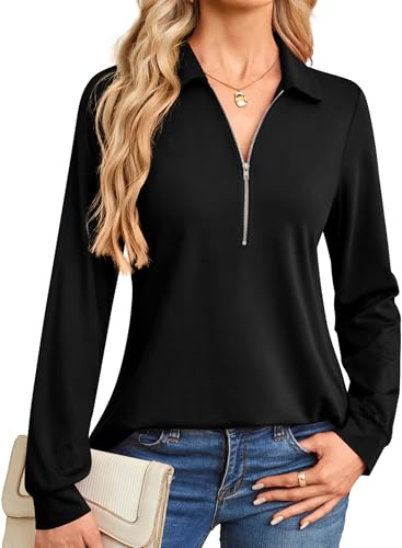 Florboom Damen Reißverschluss Bluse Langarmshirts V Ausschnitt Hemd Top Einfarbige Arbeit Oberteil (Schwarz, M)
