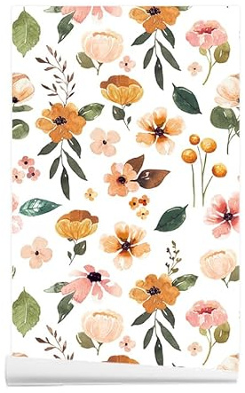 ANBILILA Papier Peint Autocollant, Design Moderne Minimaliste Fleurs Colorées Peler et Coller Papier Contact, 44,5x500CM Motifs de Fleurs à l'Aquarelle Papier Peint Amovible Décoration Autocollant