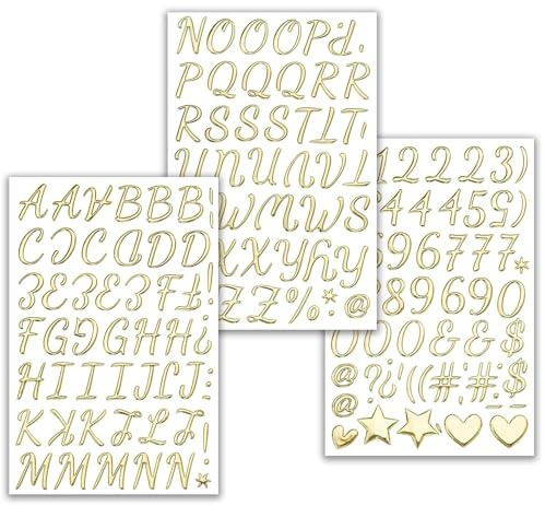 Buchstaben und Zahlen Sticker, 3 Blatt Buchstaben Zahlen Aufkleber Gold, Alphabet Aufkleber 1 Zoll, Zahlen Sticker 0-9 für DIY Scrapbooking, GrußKarten, Notizbuch Dekoration (C)