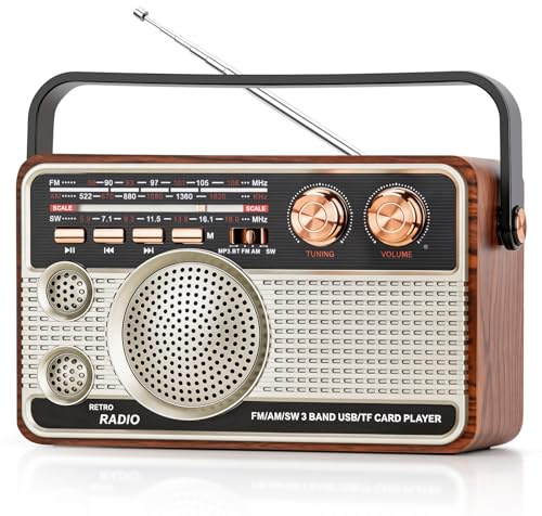 Retro Radio, Wiederaufladbares Transistorradio mit Multiband | Bluetooth, TF, Kopfhöreranschluss, Tragegriff, 8-12h Laufzeit – für Zuhause, Büro, Outdoor, täglichen Gebrauch