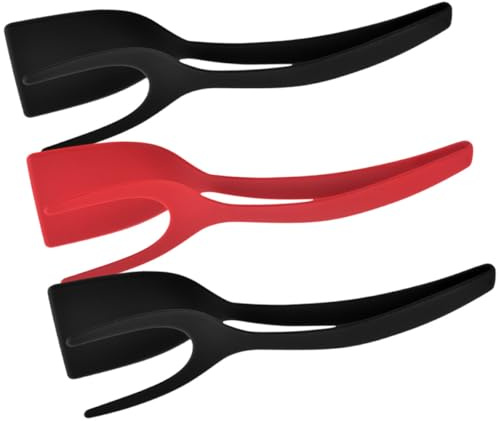 UTHCLO Lot de 3 Pinces Cuisine en Silicone Résistantes Haute Température pour Barbecue, Spatule Multifonctionnelle et Pince à Steak, Outil de Cuisson Noir et Rouge pour Griller