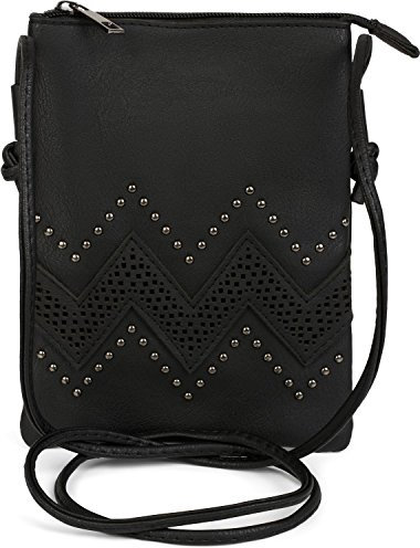 styleBREAKER Damen Mini Bag Umhängetasche mit Zick-Zack Cutout und Nieten, Schultertasche, Handtasche, Tasche 02012211, Farbe:Schwarz