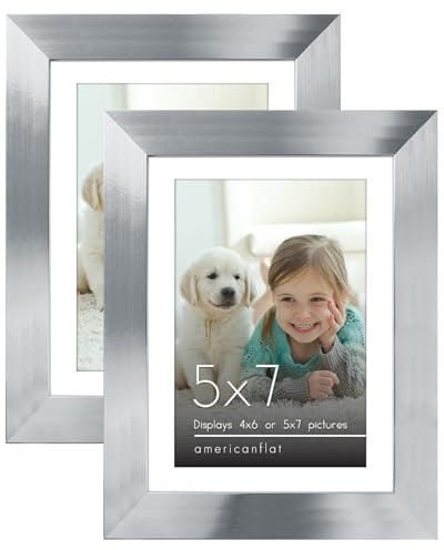 Americanflat 7x5 Photo Frames with Polished Crystal-Clear Glass - Set of 2 - Use as 6x4 Photo Frames with Mount or 7x5 Frame without Mount - Frames for Tabletop and Wall Display - Silver