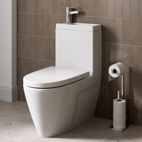 Affine® Bordeaux Modern Bathroom Cloakroom 2 in 1 Close Coupled Toilet & Wash Basin Combi Set Combined Sink with Tap & Waste D Shape Pan, White Gloss