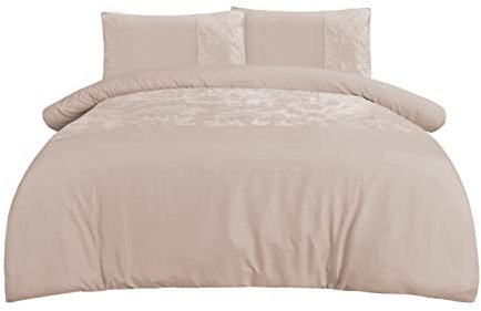Sleepdown Velvet Cuff Champagne Panel Band Luxury Soft Cosy Duvet Cover Quilt Bedding Set with Pillowcases - Double (200cm x 200cm)
