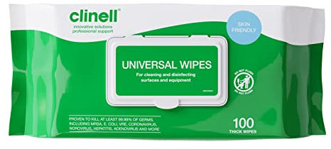 Clinell Universal Cleaning and Disinfectant Wipes for Surfaces - Pack of 6 - 100 Thick Wipes per Pack - Multi Purpose Wipes, Kills 99.99% of Germs, Quick Action - 255mm x 175mm