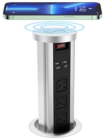 Automatic Pop Up Socket, Pop Up Power Outlet with Wireless Charger, Pulling Pop Up Outlet with 3AC Plugs & 2 USB Ports, Recessed Pop-Up Power Socket for Kitchen Counter Office Conference(Black)
