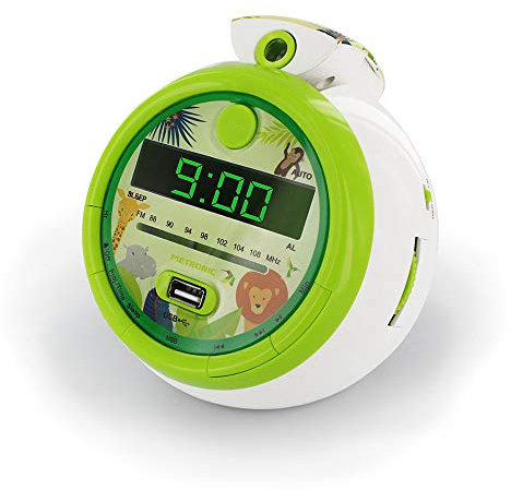 Metronic 477030 - Radio Reloj Despertador Digital para niños, con Reloj proyector Techo para Leer la Hora, diseño Infantil Verde Jungla con Animales de la Selva, Doble Alarma Radio FM, Toma USB
