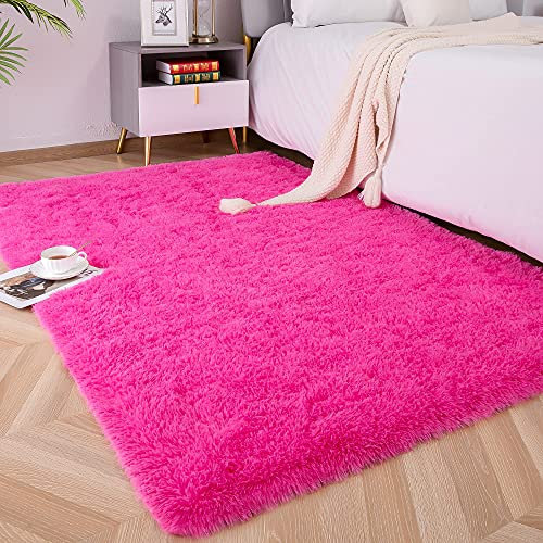 Foxmas Besonders weicher, Flauschiger Teppich für Schlafzimmer, Kinderzimmer, Plüsch, zottelig, Jungen, Mädchen, Studentenwohnheim, Teppich, Wohnzimmer-Dekoration, 91 x 152 cm, Hot Pink