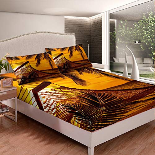 Entspannen Sie am Meer Spannbettlaken 140x200cm Golden Sunset Kostenlose Hängematte Spannbetttuch für Kinder Jungen Mädchen Erwachsene Tropischer Baum Spannbetttuch Bettlaken Set Ultra weich 2St