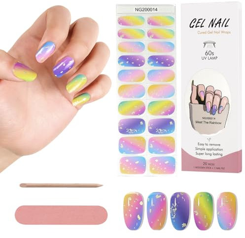 Kalolary 20PCS Full Wraps Nail Polish Stickers, Cured Gel Nail Wrap Stickers with Stick and File (UV/LED Lamp Required)
