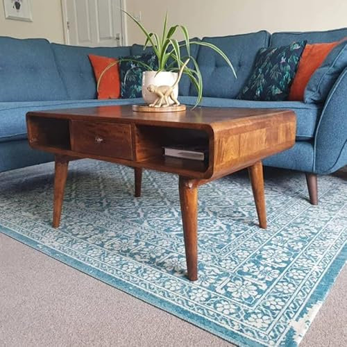 Mid Century Coffee Table Vintage Danish Storage Unit Solid Wood Drawer Shelf Scandinavian Modern Style Furniture Large Nordic Legs (Chestnut)