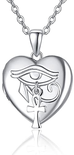 KINGWHYTE Auge des Horus Ankh-Anhänger Foto-Medaillon-Halskette 925 Silber | Herzanhänger mit Fotohalterung, Schmuckgeschenk für Frauen, Mütter und Ehefrauen