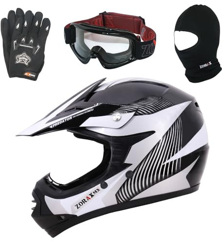 Zorax ZOR-X19 Blanc L (53-54cm) Predator Enfants Moto Motocross MX Casque & Gants L (7cm) & Lunettes & Cagoule ECE 2206