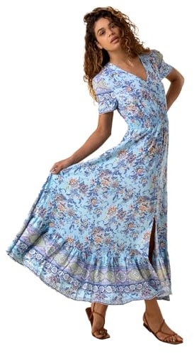 Roman Shirred Empire Waist Dress for Women UK Ladies Midi Maxi Summer Spring Tiered Frill Hem Short Sleeve V Neck Button Through Boho Bohemian Holiday Cruise - Blue - Size 18