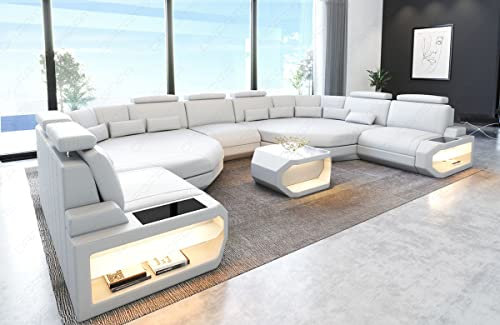 XXL Sofa Wohnlandschaft Asti mit LED-Beleuchtung Couch in Leder Designersofa mit Kopfstützen und USB-Anschluss (Große Ecke rechts (auf Sofa blickend), Weiss)