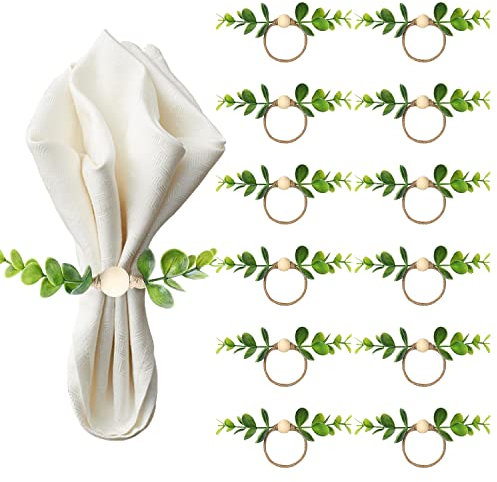 MLURCU Farmhouse Eukalyptus Serviettenringe Set mit 12 Stück, rustikale Holzblätter, Serviettenringe für Tischdekoration, Hochzeit & Urlaub